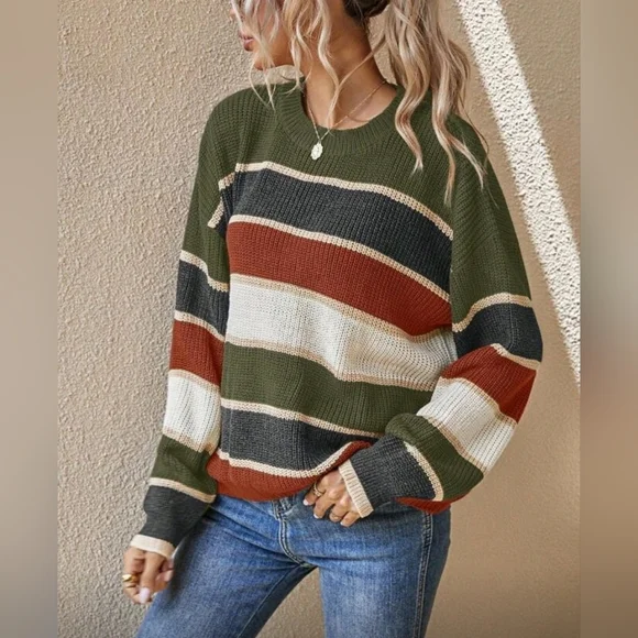 New Oversize Casual Multi Stripe Loose Sweater Top Green Rust Cream - Picture 2 of 8